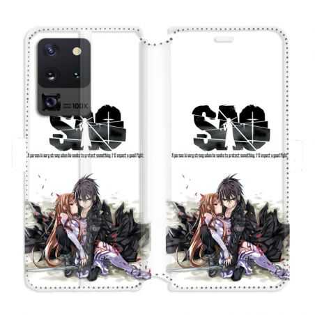 Housse cuir portefeuille pour Samsung Galaxy S20 Ultra Manga SAO sword Art Online blanc
