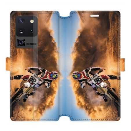 Housse cuir portefeuille pour Samsung Galaxy S20 Ultra Moto Cross Blanc