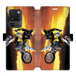 Housse cuir portefeuille pour Samsung Galaxy S20 Ultra Moto Cross Noir