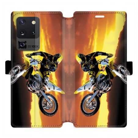 Housse cuir portefeuille pour Samsung Galaxy S20 Ultra Moto Cross Noir