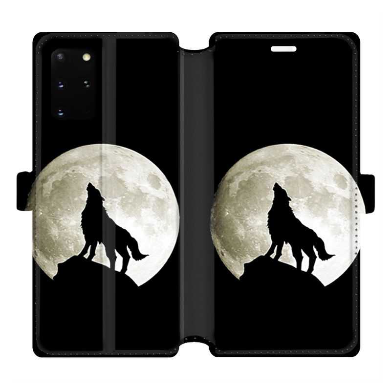 Housse cuir portefeuille pour Samsung Galaxy S20 Plus Loup Noir