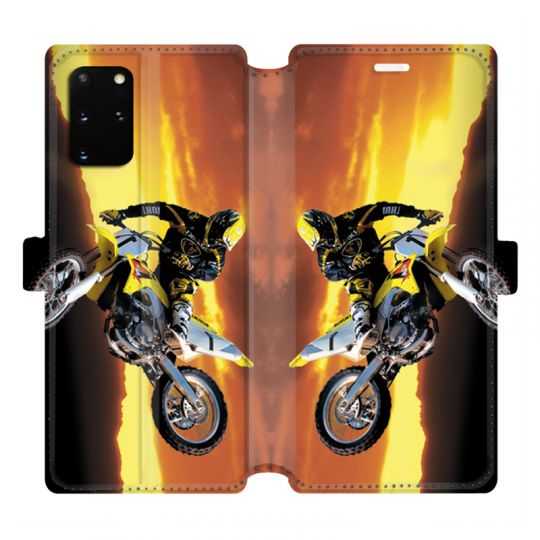 Housse cuir portefeuille pour Samsung Galaxy S20 Plus Moto Cross Noir