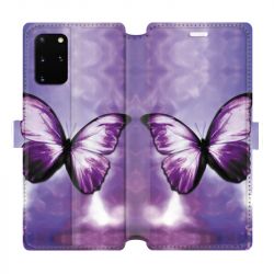 Housse cuir portefeuille pour Samsung Galaxy S20 Plus papillons violet et blanc