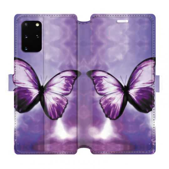 Housse cuir portefeuille pour Samsung Galaxy S20 Plus papillons violet et blanc