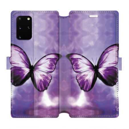Housse cuir portefeuille pour Samsung Galaxy S20 Plus papillons violet et blanc
