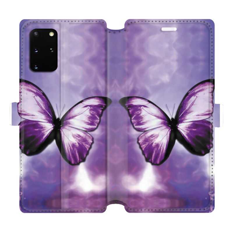 Housse cuir portefeuille pour Samsung Galaxy S20 Plus papillons violet et blanc