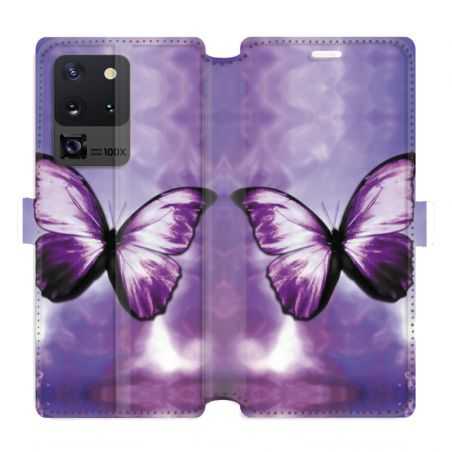 Housse cuir portefeuille pour Samsung Galaxy S20 Ultra papillons violet et blanc