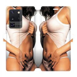Housse cuir portefeuille pour Samsung Galaxy S20 Ultra Sexy tee shirt blanc