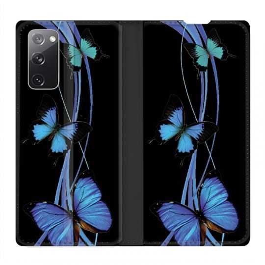Housse Cuir Portefeuille Pour Samsung Galaxy S20 FE / S20FE Papillon bleu sur Noir