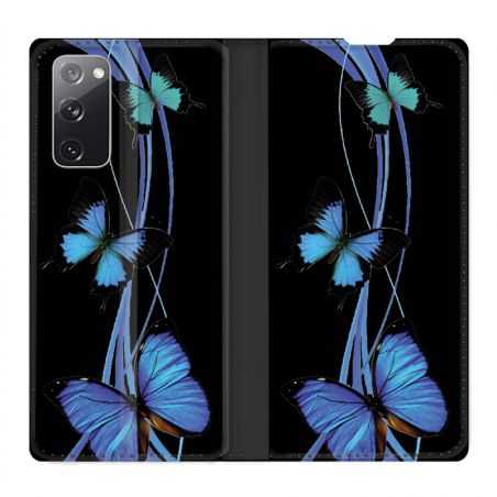 Housse Cuir Portefeuille Pour Samsung Galaxy S20 FE / S20FE Papillon bleu sur Noir