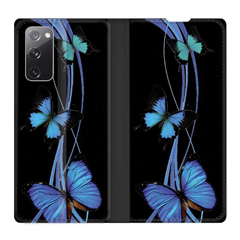 Housse Cuir Portefeuille Pour Samsung Galaxy S20 FE / S20FE Papillon bleu sur Noir