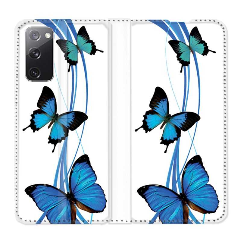 Housse Cuir Portefeuille Pour Samsung Galaxy S20 FE / S20FE Papillon bleu sur Blanc