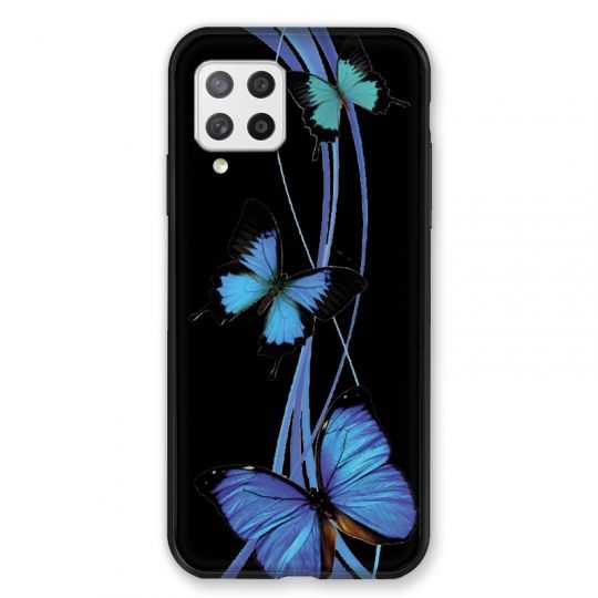 Coque Pour Samsung Galaxy A42 Papillon bleu sur Noir