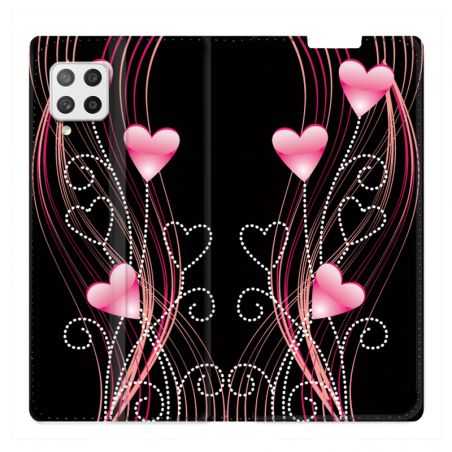 Housse Cuir Portefeuille Pour Samsung Galaxy A42 Coeur Rose Montant sur Noir