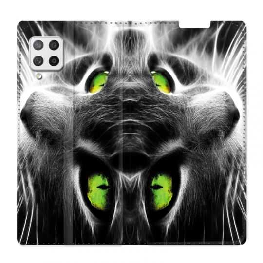 Housse Cuir Portefeuille Pour Samsung Galaxy A42 Chat Vert