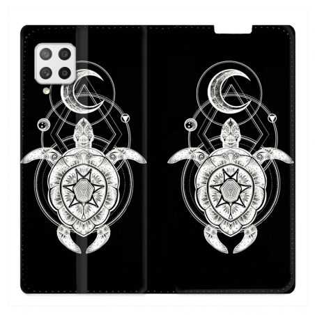 Housse Cuir Portefeuille Pour Samsung Galaxy A42 Animaux Maori Tortue Noir