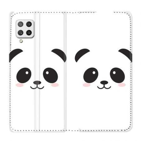 Housse Cuir Portefeuille Pour Samsung Galaxy A42 Panda Blanc