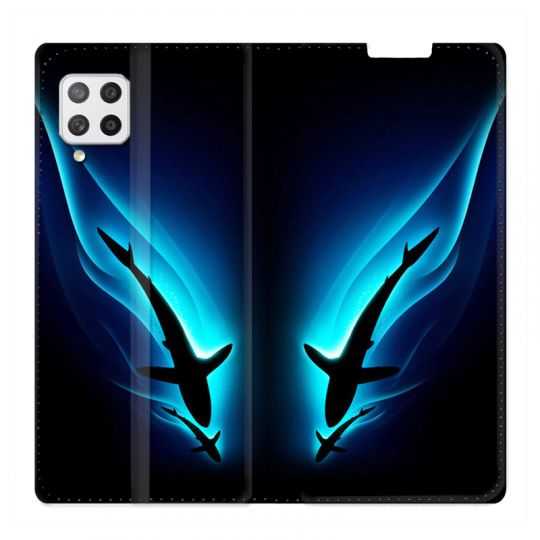 Housse Cuir Portefeuille Pour Samsung Galaxy A42 Requin Noir