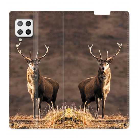 Housse Cuir Portefeuille Pour Samsung Galaxy A42 Chasse Chevreuil Blanc