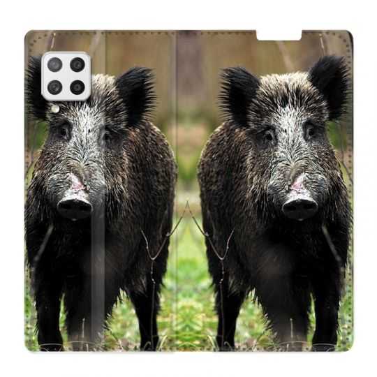 Housse Cuir Portefeuille Pour Samsung Galaxy A42 Chasse Sanglier bois