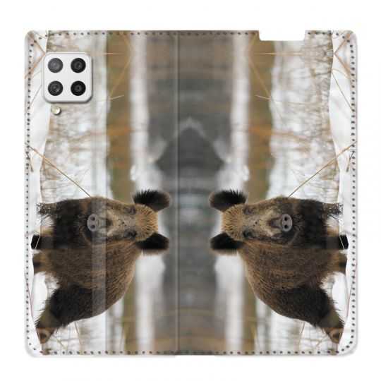 Housse Cuir Portefeuille Pour Samsung Galaxy A42 Chasse Sanglier Neige