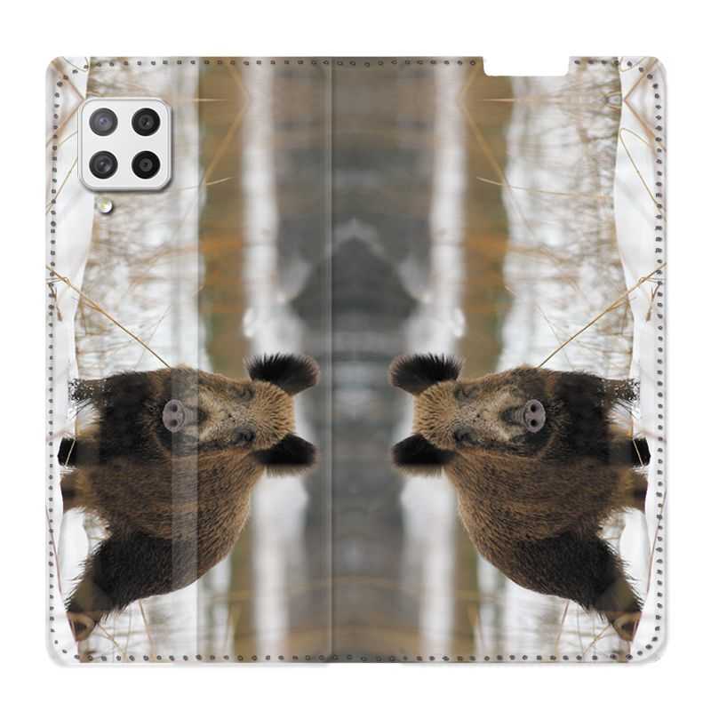 Housse Cuir Portefeuille Pour Samsung Galaxy A42 Chasse Sanglier Neige