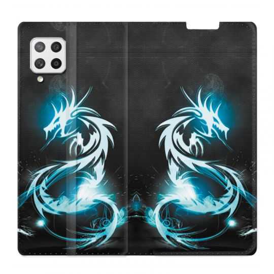 Housse Cuir Portefeuille Pour Samsung Galaxy A42 Dragon Bleu