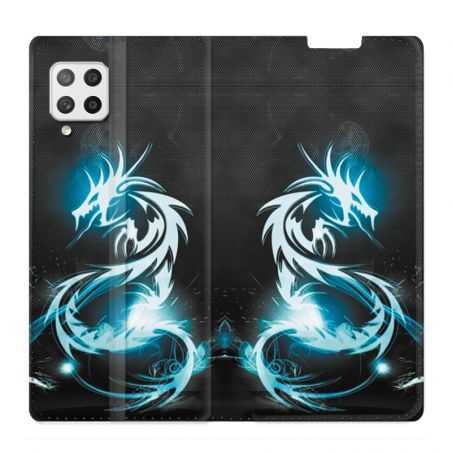 Housse Cuir Portefeuille Pour Samsung Galaxy A42 Dragon Bleu