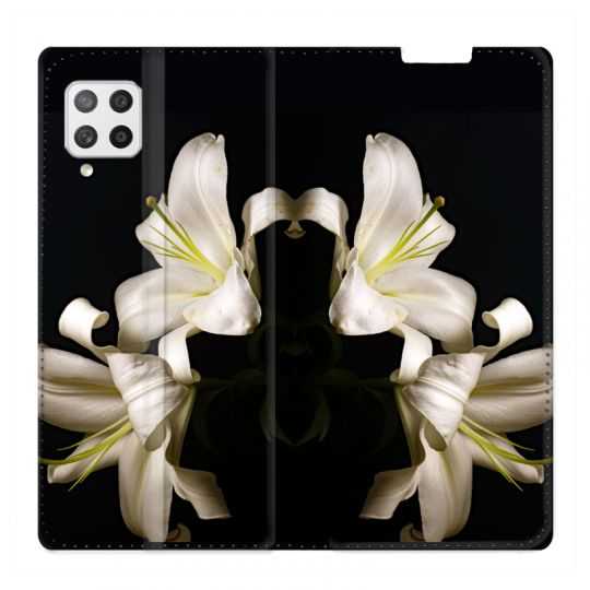 Housse Cuir Portefeuille Pour Samsung Galaxy A42 Fleur Lys Noir