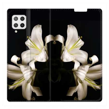 Housse Cuir Portefeuille Pour Samsung Galaxy A42 Fleur Lys Noir