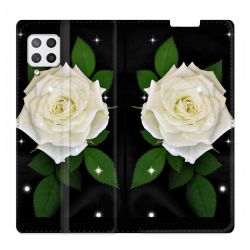 Housse Cuir Portefeuille Pour Samsung Galaxy A42 Fleur Rose Blanche