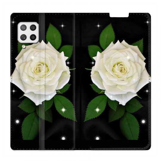 Housse Cuir Portefeuille Pour Samsung Galaxy A42 Fleur Rose Blanche