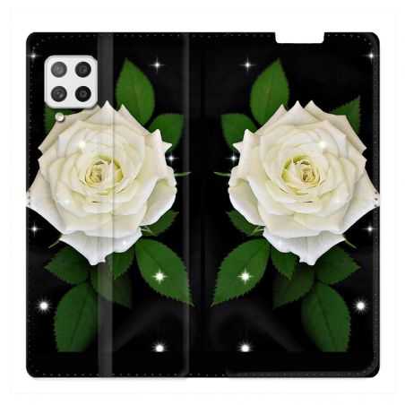 Housse Cuir Portefeuille Pour Samsung Galaxy A42 Fleur Rose Blanche