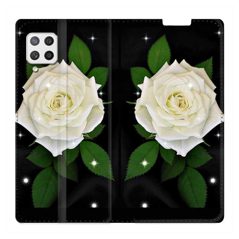 Housse Cuir Portefeuille Pour Samsung Galaxy A42 Fleur Rose Blanche