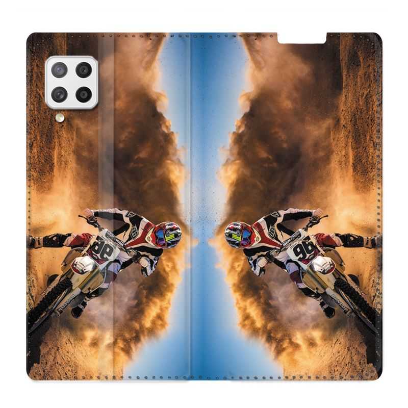 Housse Cuir Portefeuille Pour Samsung Galaxy A42 Moto Cross Blanc