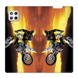 Housse Cuir Portefeuille Pour Samsung Galaxy A42 Moto Cross Noir
