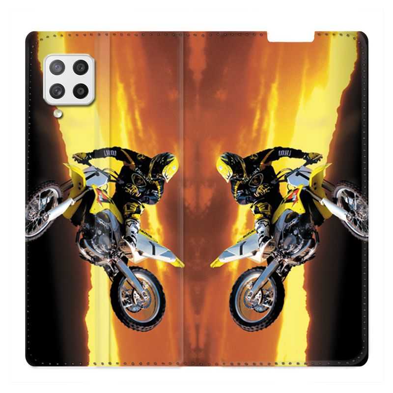 Housse Cuir Portefeuille Pour Samsung Galaxy A42 Moto Cross Noir