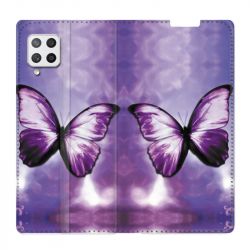 Housse Cuir Portefeuille Pour Samsung Galaxy A42 Papillon Violet et Blanc