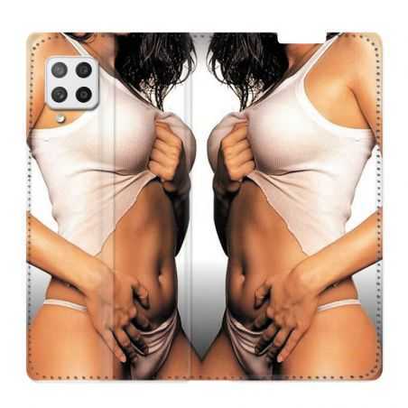 Housse Cuir Portefeuille Pour Samsung Galaxy A42 Sexy Tee Shirt Blanc