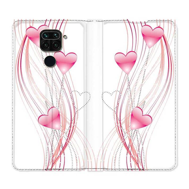Housse Cuir Portefeuille Pour Xiaomi Redmi Note 9 Coeur Rose Montant sur Blanc