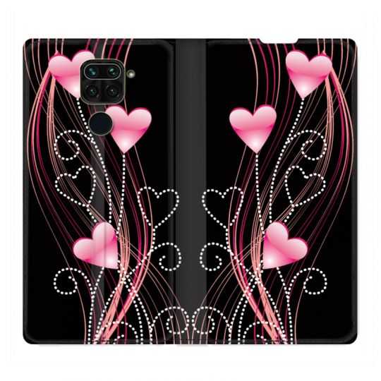 Housse Cuir Portefeuille Pour Xiaomi Redmi Note 9 Coeur Rose Montant sur Noir