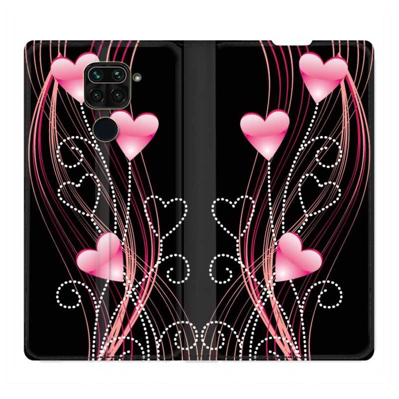 Housse Cuir Portefeuille Pour Xiaomi Redmi Note 9 Coeur Rose Montant sur Noir