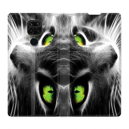 Housse Cuir Portefeuille Pour Xiaomi Redmi Note 9 Chat Vert
