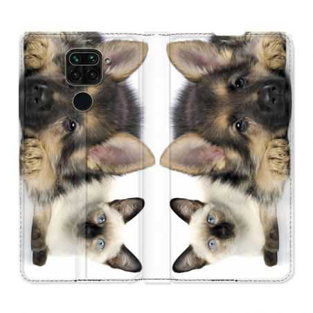 Housse Cuir Portefeuille Pour Xiaomi Redmi Note 9 Chien vs Chat