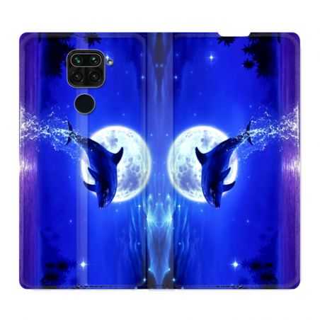 Housse Cuir Portefeuille Pour Xiaomi Redmi Note 9 Dauphin Lune