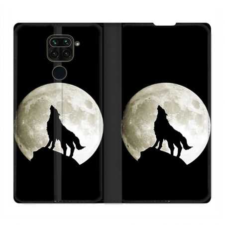 Housse Cuir Portefeuille Pour Xiaomi Redmi Note 9 Loup Noir