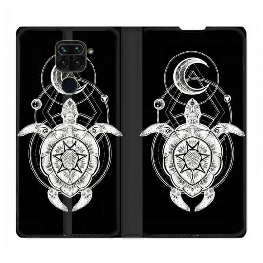 Housse Cuir Portefeuille Pour Xiaomi Redmi Note 9 Animaux Maori Tortue Noir