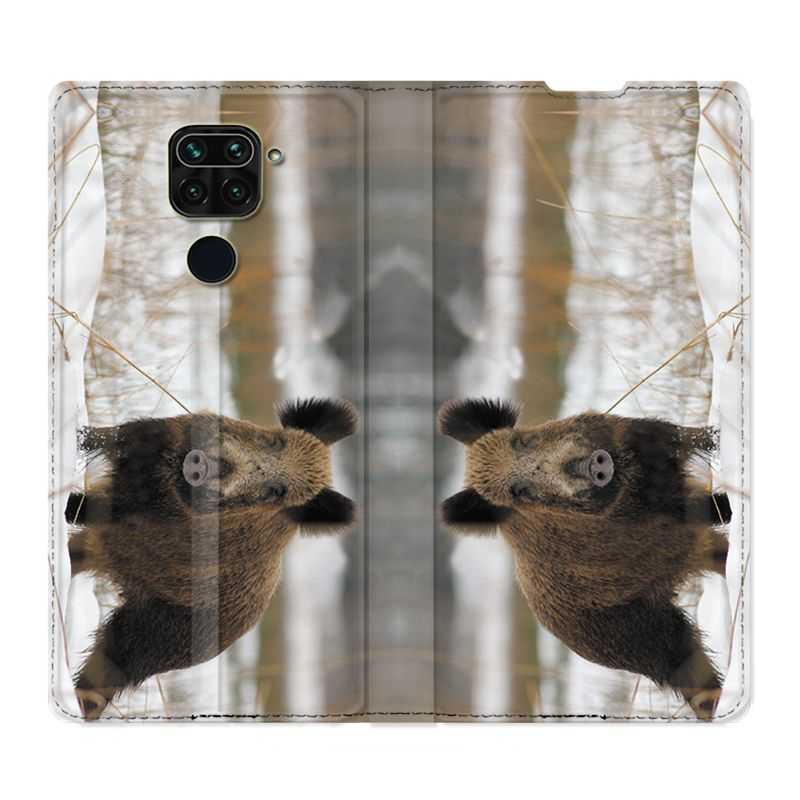Housse Cuir Portefeuille Pour Xiaomi Redmi Note 9 Chasse Sanglier Neige