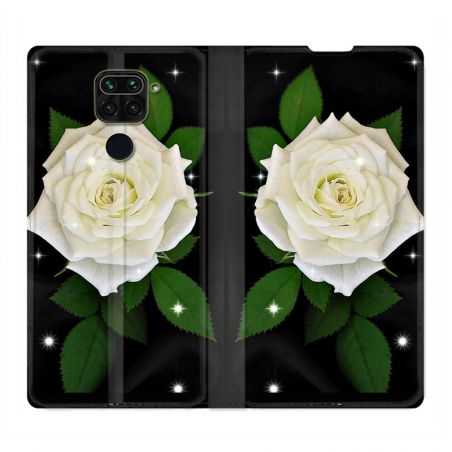 Housse Cuir Portefeuille Pour Xiaomi Redmi Note 9 Fleur Rose Blanche