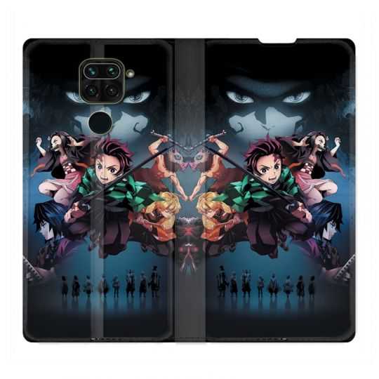 Housse Cuir Portefeuille Pour Xiaomi Redmi Note 9 Manga Demon Slayer Noir